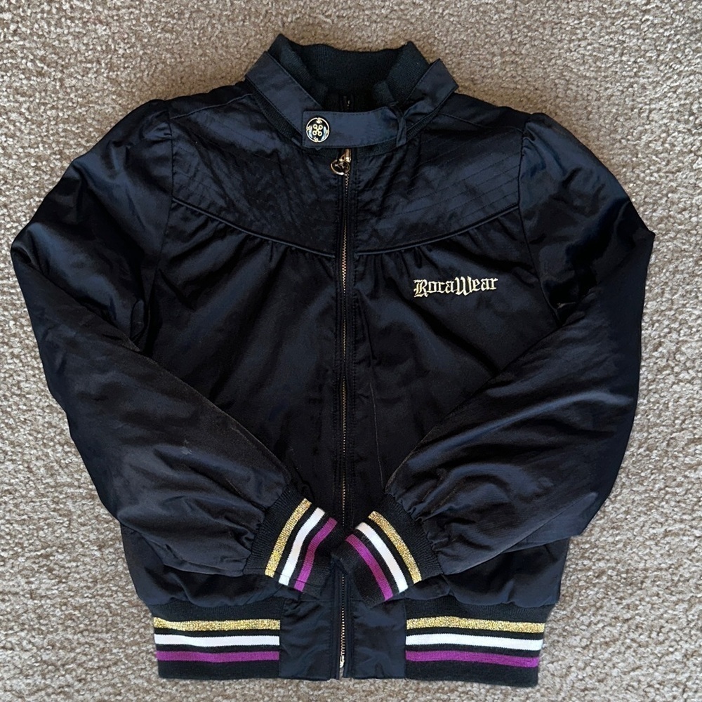 Rocawear Kids Black Puffer Jacket with Gold, Purple and White Stripes